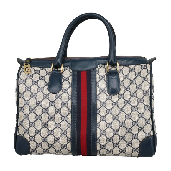 Gucci Handbag Womens Gray Blue Leather Trim Zip Boston Bag Sherry Line Vintage - Picture 1 of 16